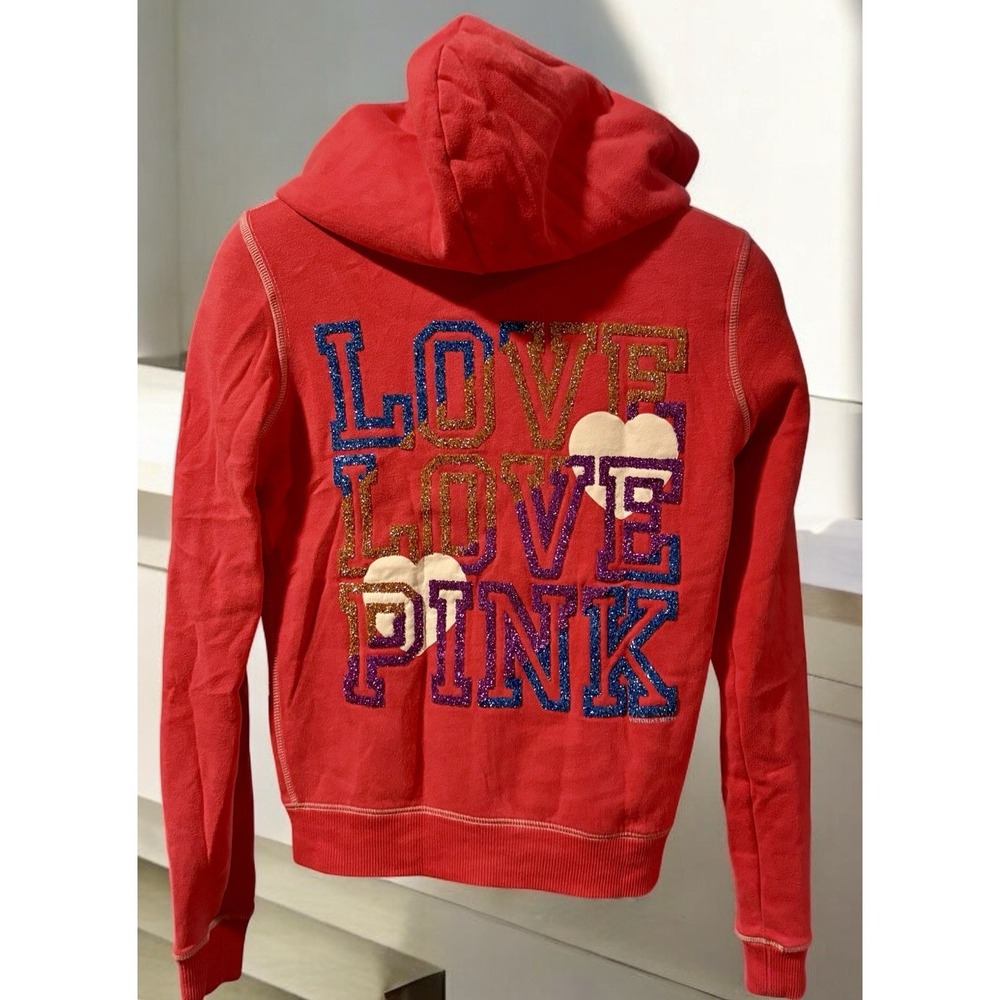 Victoria's Secret VS Heart Love Pink Bling Glitter Y2K Full Zip Hoodie Pink XS
